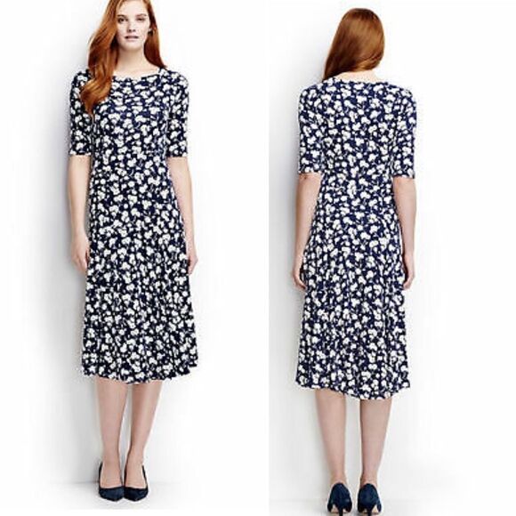 Lands' End Dresses & Skirts - LANDS’ END Navy Blue White Floral Elbow Sleeve Midi Dress-XS
